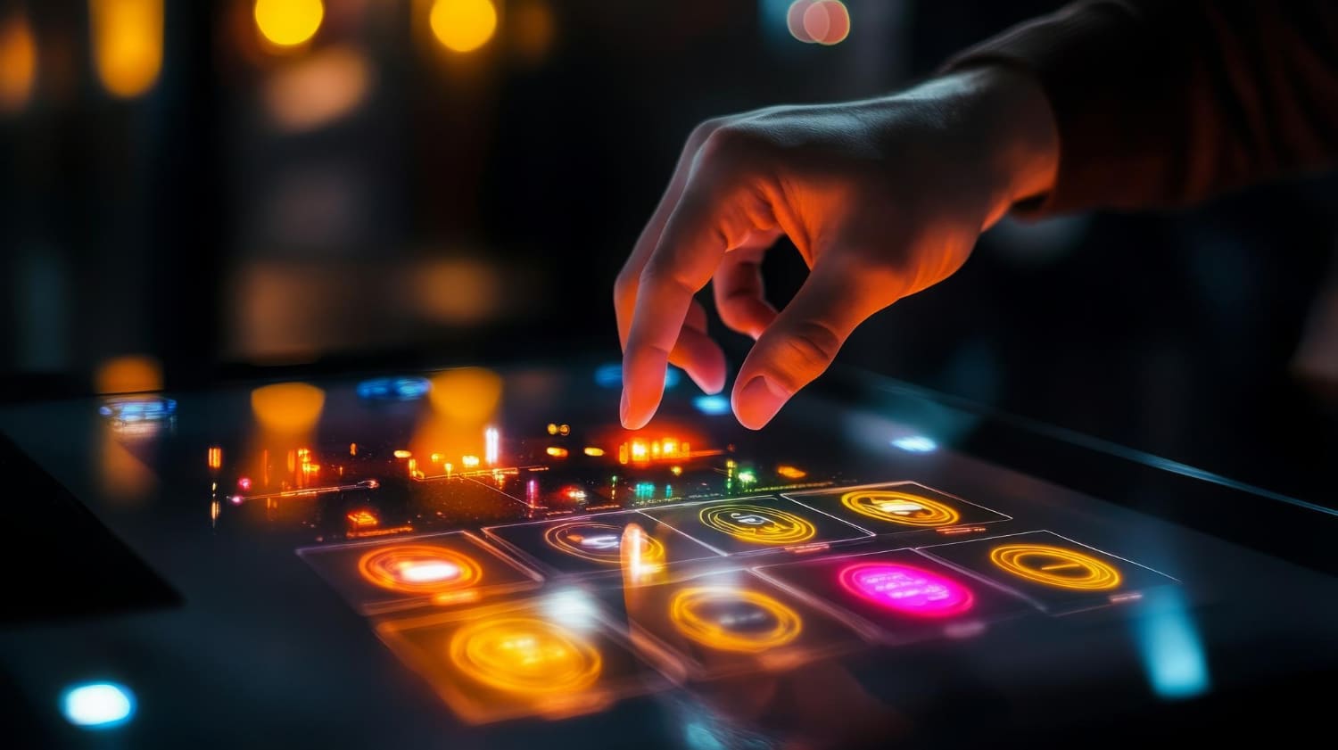 Hand interacting with a glowing, futuristic touch interface displaying game-like icons